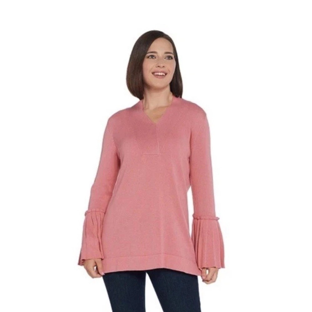 Isaac Mizrahi Live ! V-Neck Pleated Bell Sleeve Sweater Pink M Women's NWOT